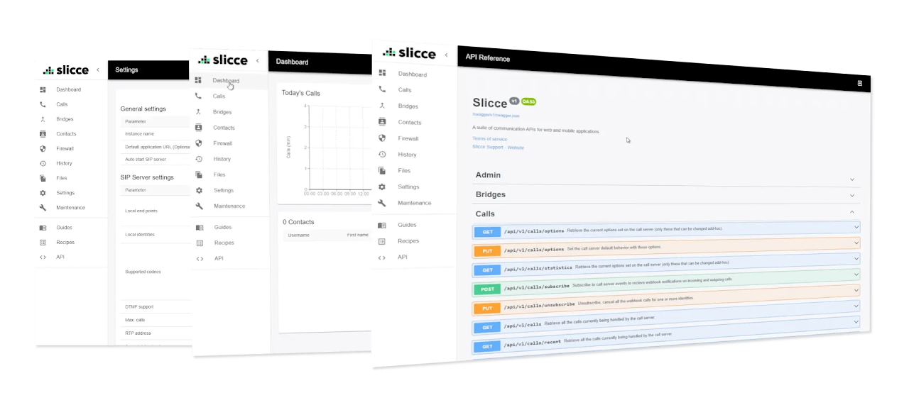 Slicce CPaaS dashboard screens: Settings, Dashboard and API Reference