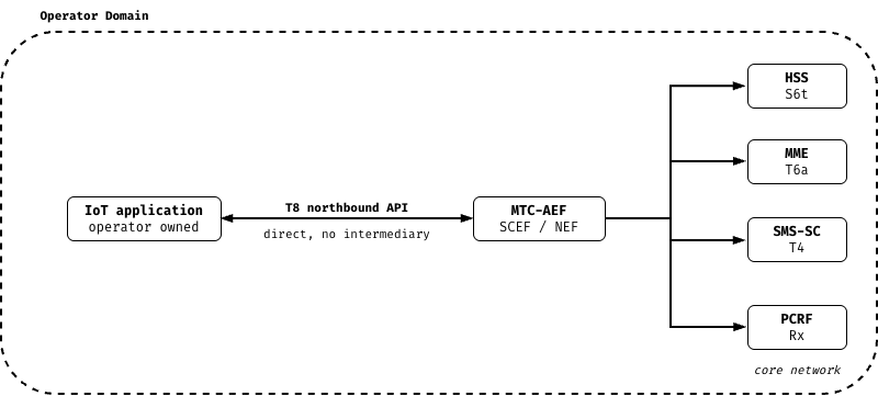 MTC-AEF standalone mode: the operator's own IoT application calls MTC-AEF directly over the T8 northbound API, with no intermediary; MTC-AEF (SCEF/NEF) reaches the HSS, MME, SMS-SC and PCRF in the core network.