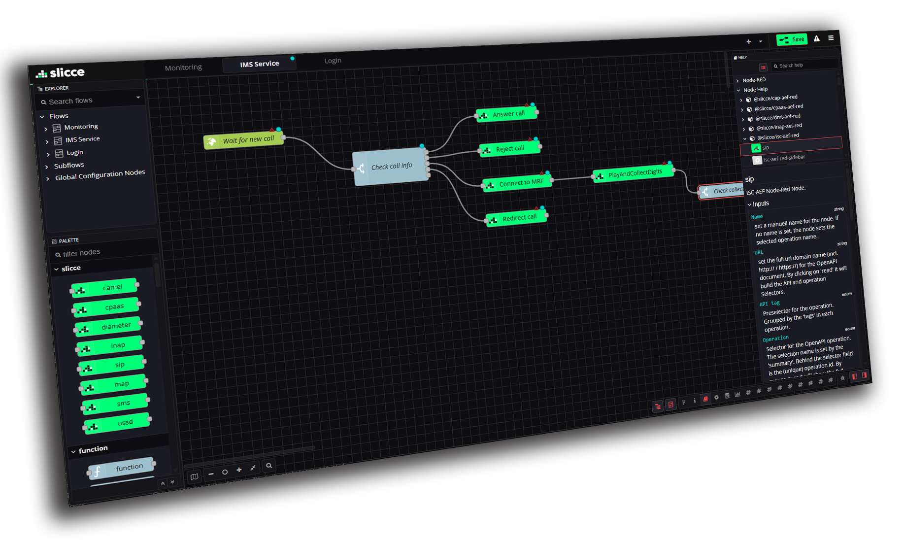 NRD-AF low-code visual designer: a Node-RED-based flow editor showing an IMS Service call-handling flow (Wait for new call, Check call info, Answer call, Reject call, Connect to MRF, Redirect call).