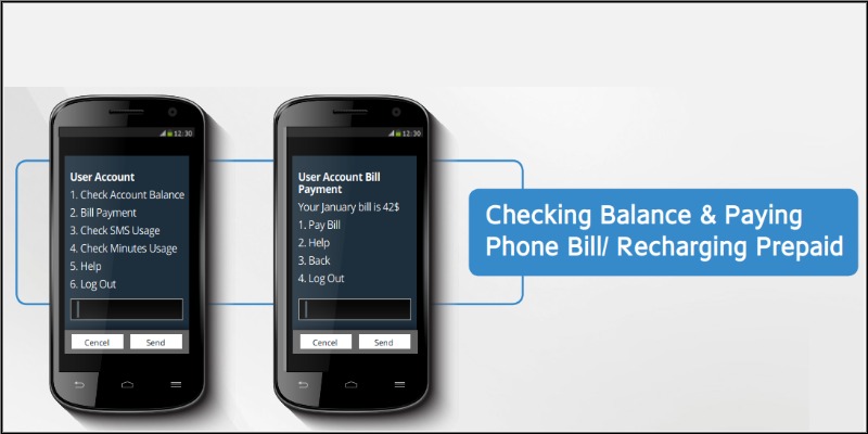 USSD Standalone mode: a USSD balance check and bill payment session on a mobile phone, showing the User Account menu and the bill payment confirmation screen.